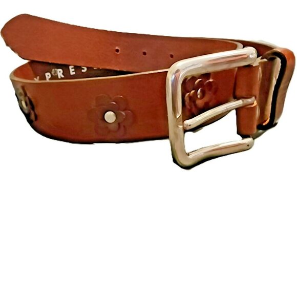 Express Brown Leather Belt Small | Floral Appliqué | Genuine Italian Leather - Picture 1 of 7